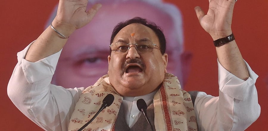 BJP National President J P Nadda addresses 'Karyakarta' meeting at Radio Station Ground, Diamond Harbour in South 24 Parganas district. Credit: PTI photo.
