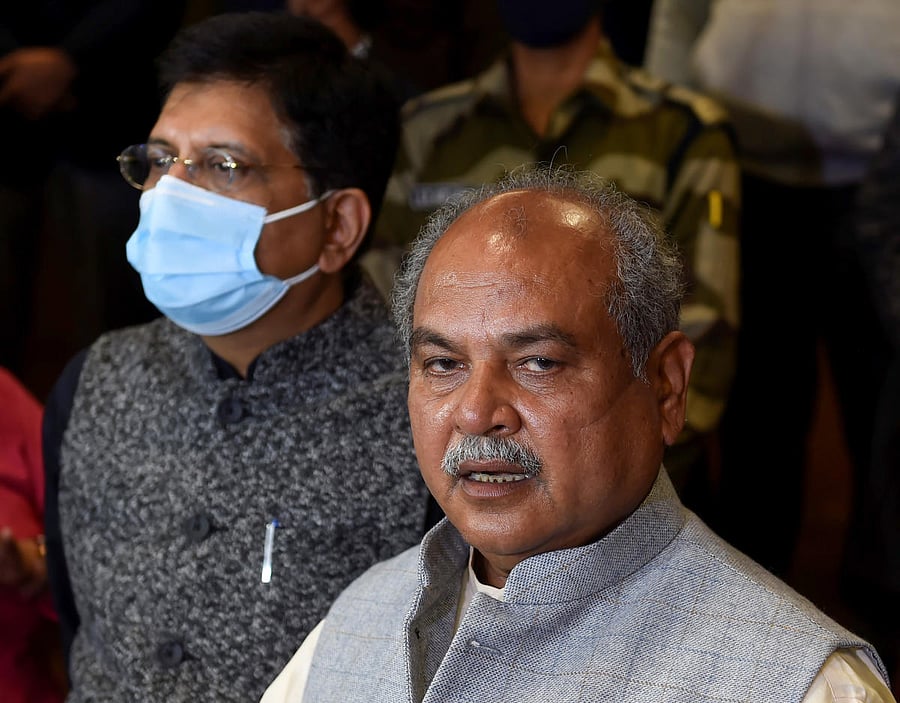  Union Minister for Farmers' Welfare Narendra Singh Tomar addresses media after a meeting with farmers over the new farm laws, at Vigyan Bhawan in New Delhi, Saturday, Dec. 5, 2020. Credit: PTI Photo