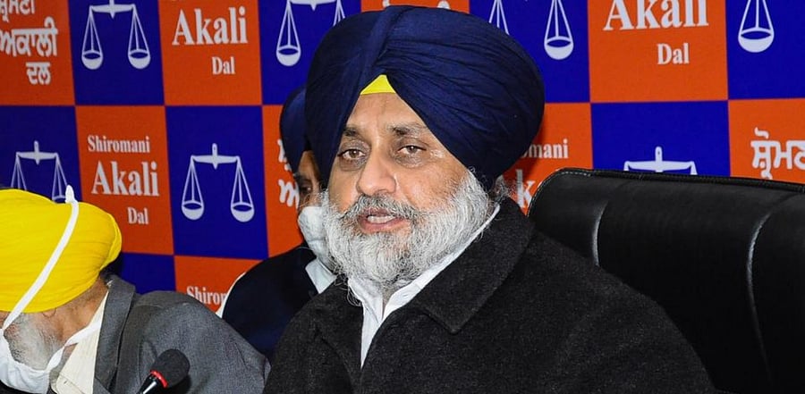 Shiromani Akali Dal President Sukhbir Singh Badal addresses during the core committee of the party, in Chandigarh. Credit: PTI photo.