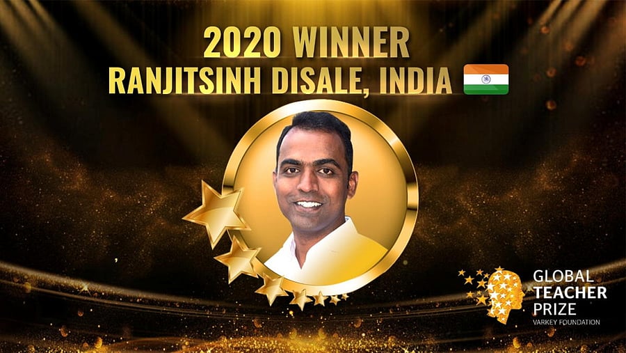Indian village teacher Ranjitsinh Disale reacts next to his family members after winning Global Teacher Prize 2020 December 3, 2020. Varkey Foundation. Indian village teacher Ranjitsinh Disale reacts next to his family members after winning Global Teacher Prize 2020 December 3, 2020. Varkey Foundation. 