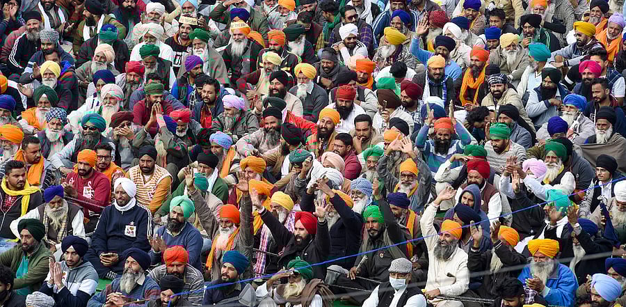 Farmers protesting at Singhu border. Credit: PTI Photo