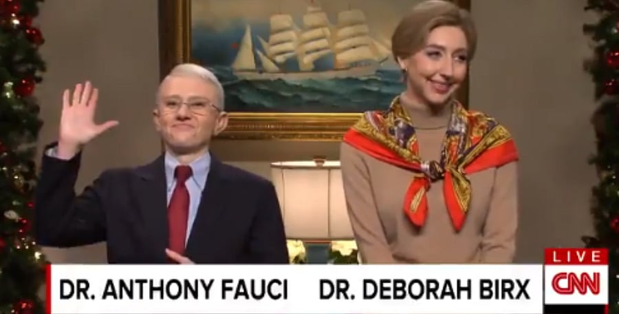 Kate McKinnon (L) added Dr. Anthony Fauci to her repertoire this weekend on 'Saturday Night Live' with Heidi Gardner as Dr. Deborah Brix. Credit... Credit: Video screengrab/Twitter/@nbcsnl