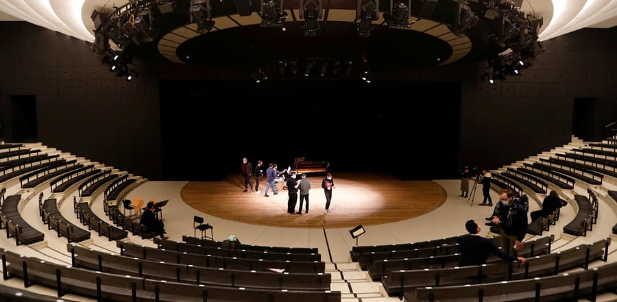 Singers and musicians, members of the Opera de Paris Academy, rehearse at the Bastille Opera in Paris as French theatres, cinemas and museums which have been on Covid-19 lockdown will not reopen this year in France. Credit: Reuters photo.