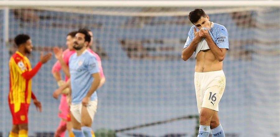 Manchester City's Rodrigo reacts after the his side drop points to West Bromwich Albion in a 1-1 draw at the Etihad Stadium in Manchester, England. Credit: Reuters