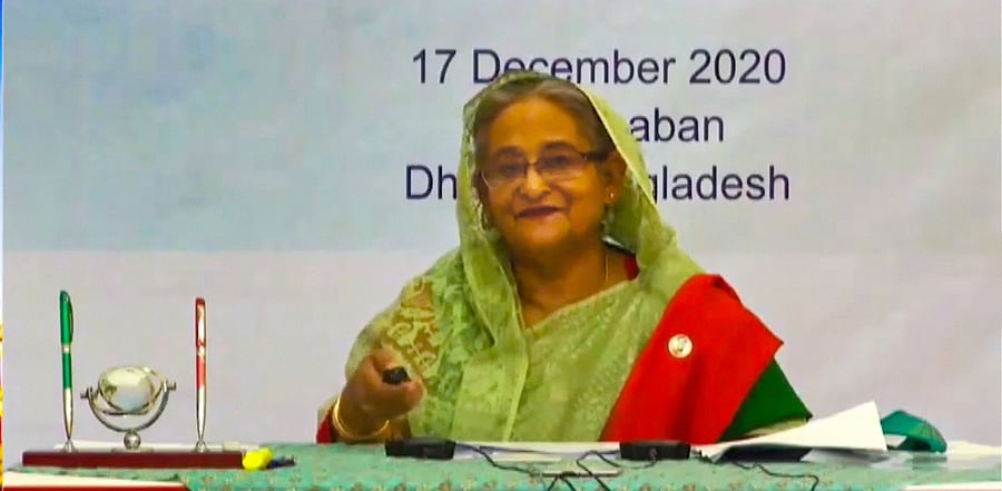 Narendra Modi and Sheikh Hasina jointly inaugurated a digital exhibition on Mujibur Rahman and Mahatma Gandhi on December 17. Credit: PTI