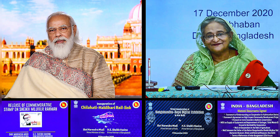 New Delhi: Prime Minister Narendra Modi and Bangladesh PM Sheikh Hasina during the India-Bangladesh virtual bilateral summit, in New Delhi, Thursday, Dec. 17, 2020. Credit: PIB/PTI