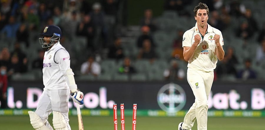 Pat Cummins reacts after dismissing Prithvi Shaw on Day 2 of the first Test at the Adelaide Oval. Credit: Reuters Photo