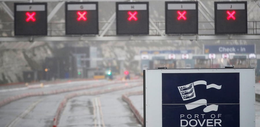 General view of a closed road and the logo of the Port of Dover at the port as EU countries impose a travel ban from the UK following the coronavirus disease outbreak in Dover, Britain. Credit: Reuters.