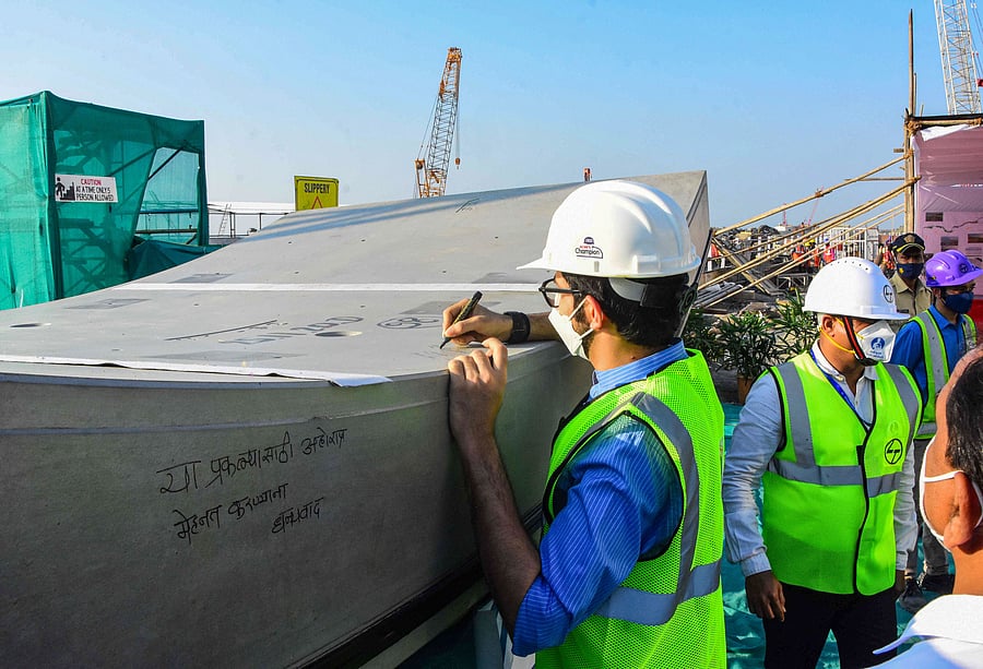 Tourism Minister Aditya Thackeray visits the Coastal Road project near Priyadarshini Park site, in Mumbai. Credit: PTI Photo