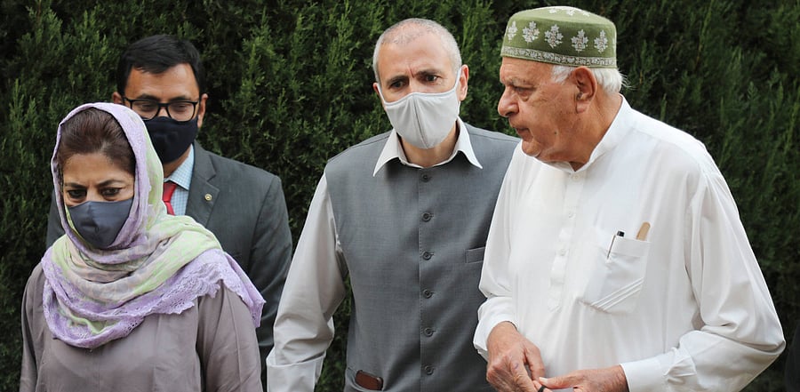 Members of People's Alliance for Gupkar Declaration Farooq Abdullah, Mehbooba Mufti, Omar Abdullah. Credit: PTI Photo