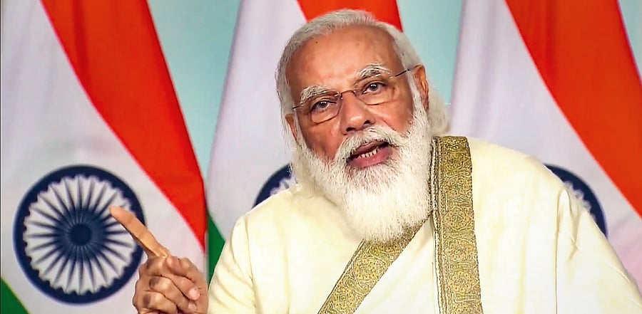 Prime Minister Narendra Modi addresses the centenary celebrations of Aligarh Muslim University via video conferencing, in New Delhi. Credit: PTI Photo