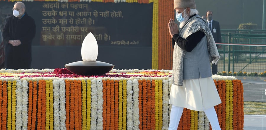 Prime Minister Narendra Modi pays tribute to former Prime Minister Atal Bihari Vajpayee on his birth anniversary, at his memorial Sadaiv Atal in New Delhi. Credit: PTI Photo