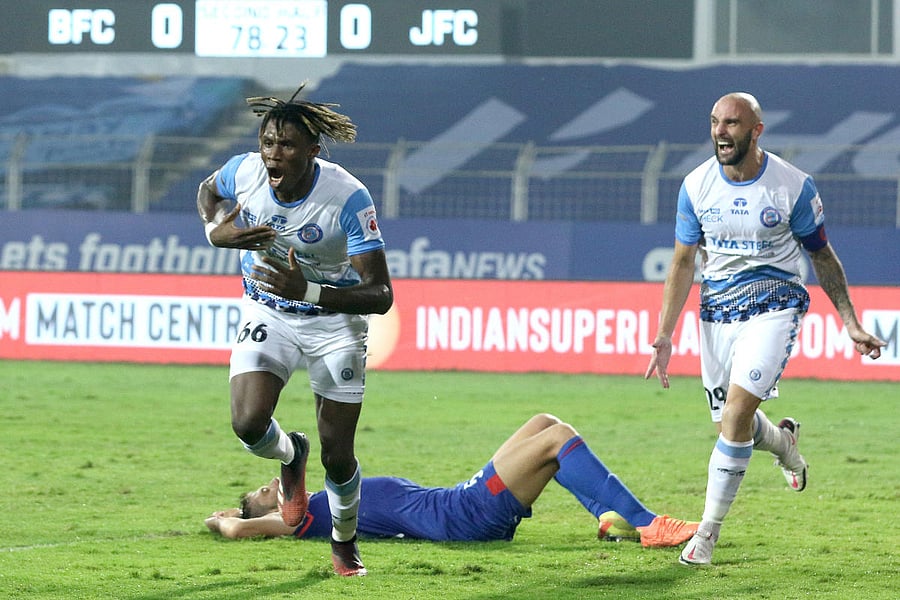 Stephen Eze of Jamshedpur FC celebrates after scoring against Benfgaluru FC in the Hero Indian Super League at the Fatorda Stadium in Goa on Monday. Sportzpics