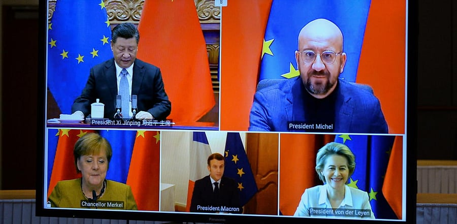 EU Commission President von der Leyen and EU Council President Michel have a video conference with Chinese President Jinping, in Brussles. Credit: Reuters Photo