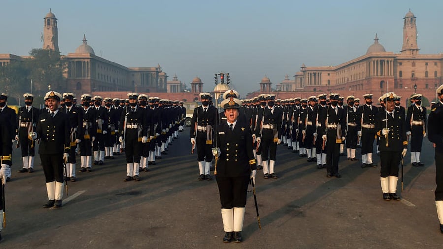 Indian Navy personnel during a rehearsal for the upcoming Republic Day parade, during a cold winter morning in New Delhi, Tuesday, Dec. 29, 2020. Credit: PTI Photo