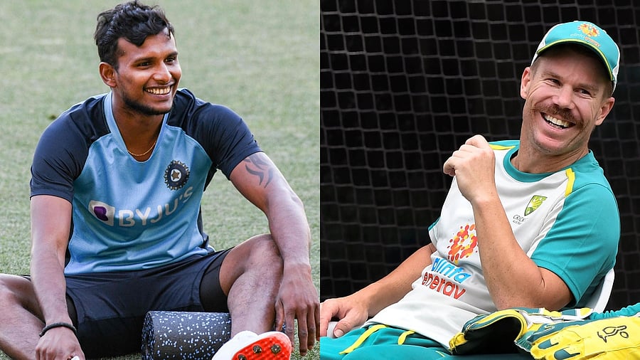 India's Thangarasu Natarajan (L) and Australia's David Warner. Credit: AFP