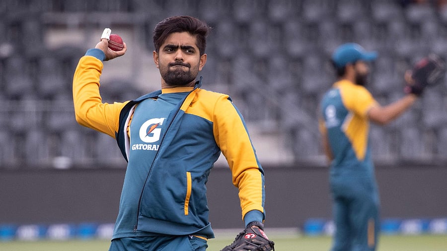 Pakistan's injured captain Babar Azam trains during the team's training session the day before the second cricket Test match between New Zealand and Pakistan at Hagley Park Oval in Christchurch. Credit: AFP