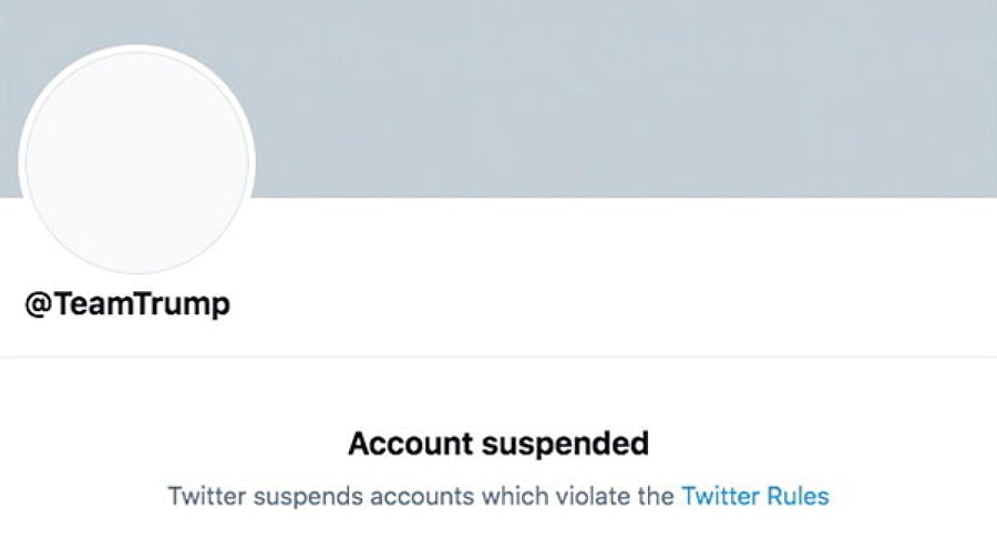 The suspended Twitter account for U.S. President Donald Trump's campaign @TeamTrump is seen in this screengrab obtained via social media. Credit: Reuters Photo