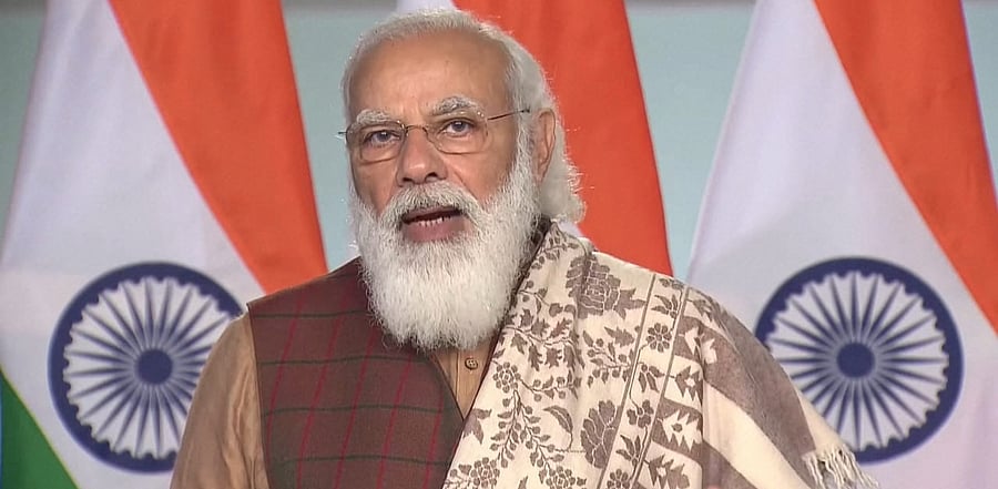 PM Modi speaks during the inauguration of Pravasi Bharatiya Divas 2021. Credit: PTI Photo