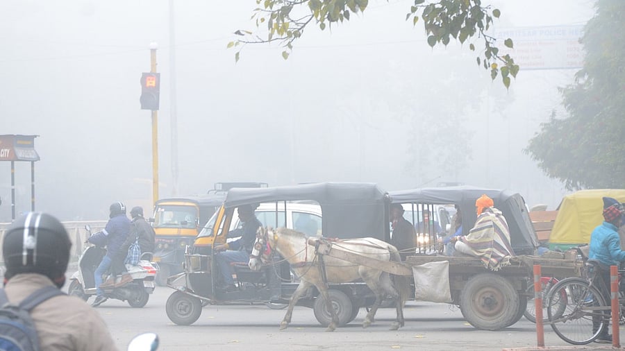 Commuters make their way along a road amid foggy conditions in Amritsar on January 7, 2021. Credit: AFP Photo