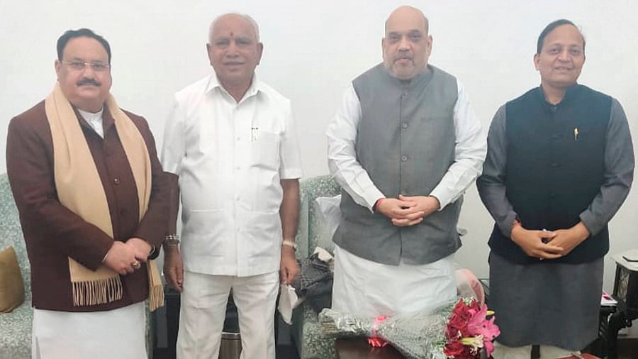 Union Home Minister Amit Shah along with BJP National President JP Nadda, Karnatak Chief Minister BS Yediyurappa, and BJP Karnataka in-charge Arun Singh during a meeting, in New Delhi, Sunday, Jan. 10, 2021. Credit: BJP Office/PTI Photo