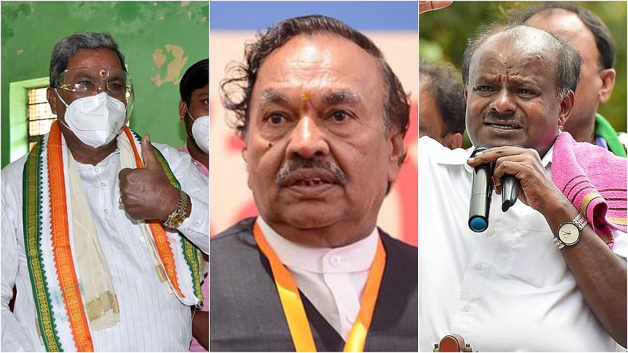 (From Left) Siddaramaiah, K S Eshwarappa and H D Kumaraswamy. Credit: DH File Photo