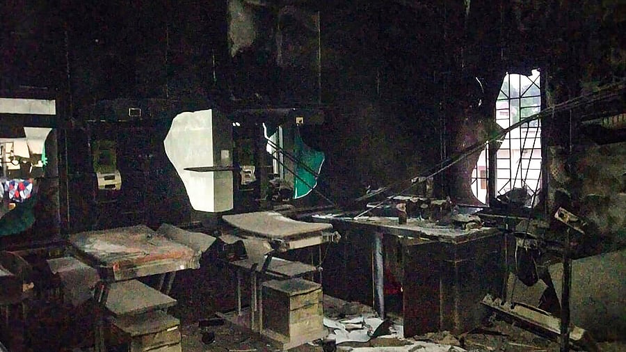Charred remains of furniture and other equipments at the Bhandara General Hospital, where a fire broke out. Credit: PTI Photo