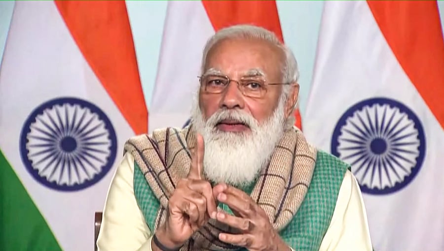 Prime Minister Narendra Modi during an interaction with chief ministers of all states to discuss the COVID-19 situation and the vaccination roll-out in the country, kicking off on Jan. 16, via video conferencing, in New Delhi, Monday, Jan. 11, 2021. Credit: PTI Photo