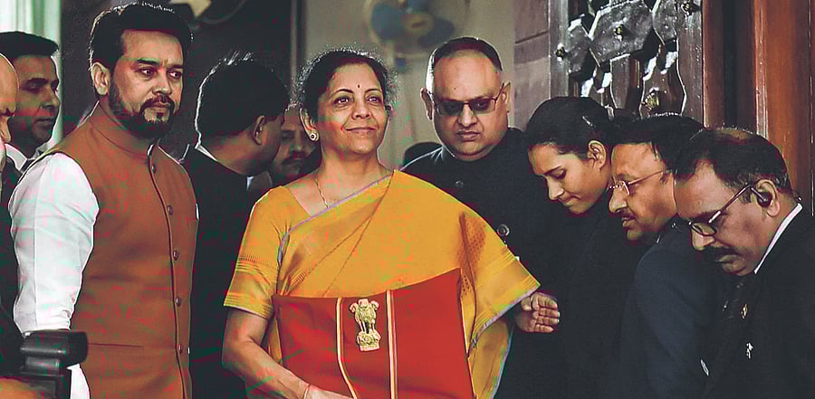 Union Finance Minister Nirmala Sitharaman shows a folder containing the Union Budget documents on Feb 1, 2020. Credit: PTI Photo