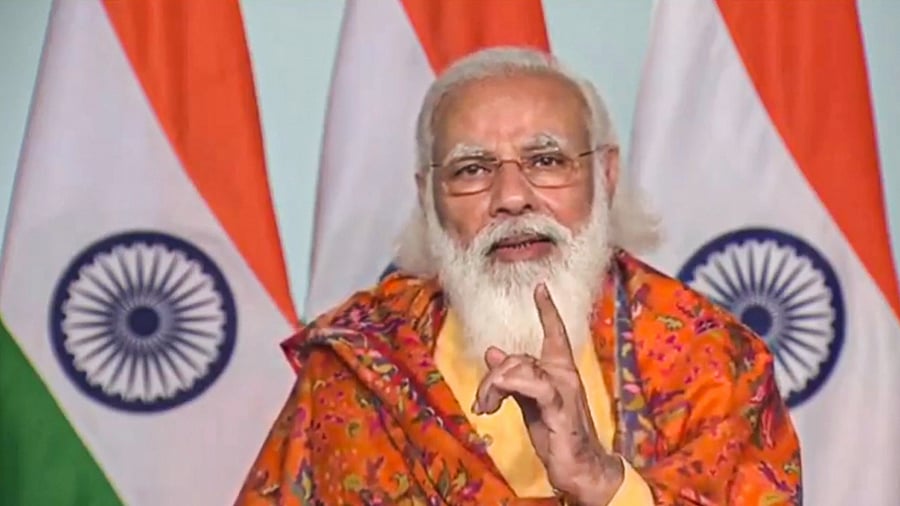 Prime Minister Narendra Modi addresses the final function of the second National Youth Parliament Festival via video conferencing, in New Delhi. Credit: PTI Photo