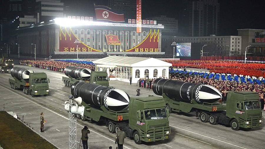 This picture  shows what appears to be submarine-launched ballistic missiles during a military parade celebrating the 8th Congress of the Workers' Party of Korea (WPK) in Pyongyang. Credit: AFP via KCNA