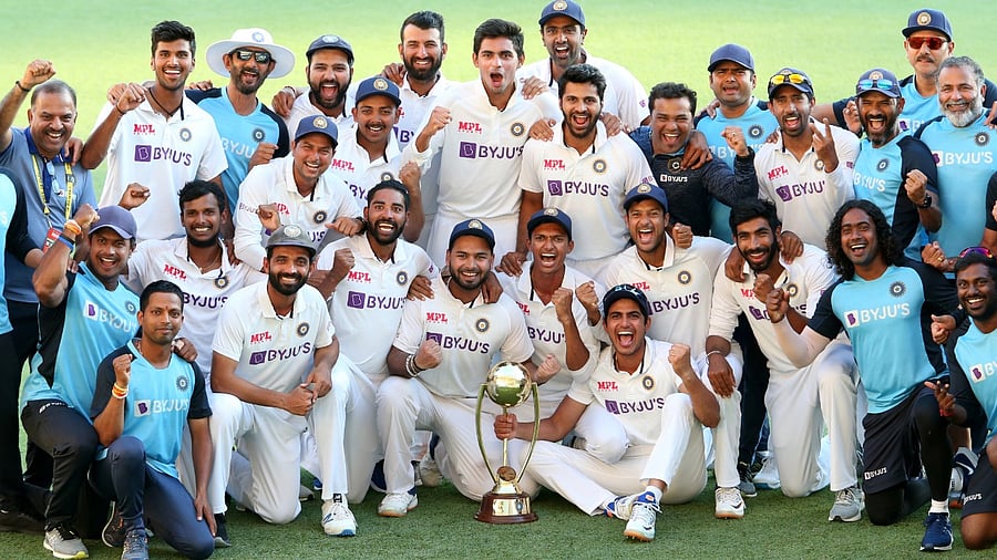 India celebrates winning on day five of the fourth test match between Australia and India at the Gabba in Brisbane. Credit: Reuters Photo