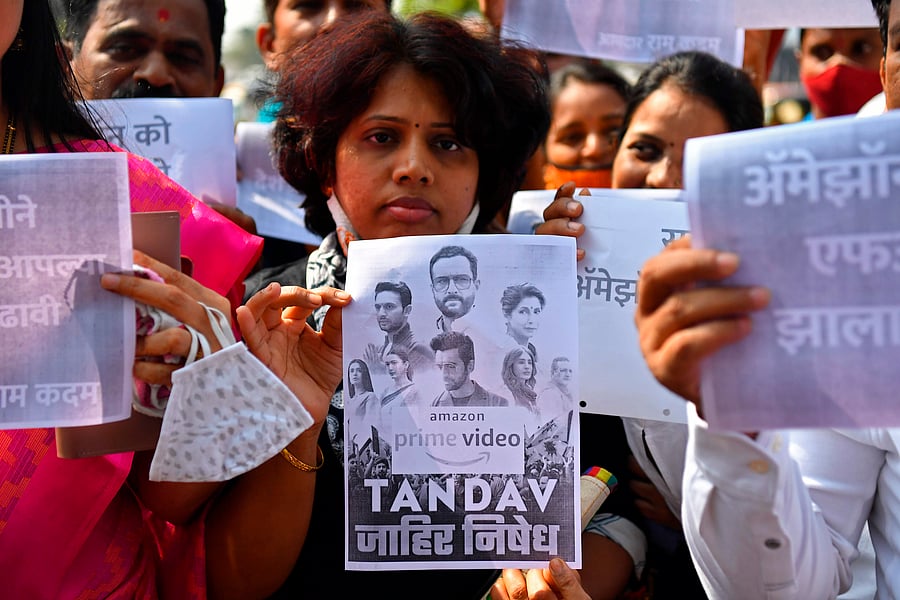 Supporters of India's ruling Bharatiya Janata Party (BJP) take part in a protest against a new web series 'Tandav'. Credit: AFP Photo