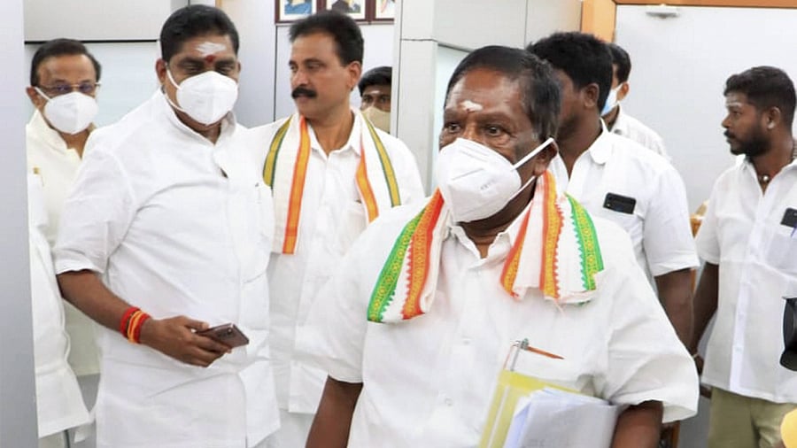 CM Velu Narayanasamy arrives to attend the assembly session in Puducherry. Credit: PTI Photo