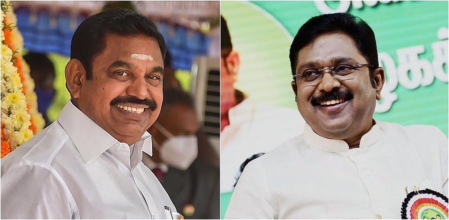 Chief Minister and AIADMK leader Edappadi K Palaniswami and AMMK leader T T V Dhinakaran. Credit: PTI Photo