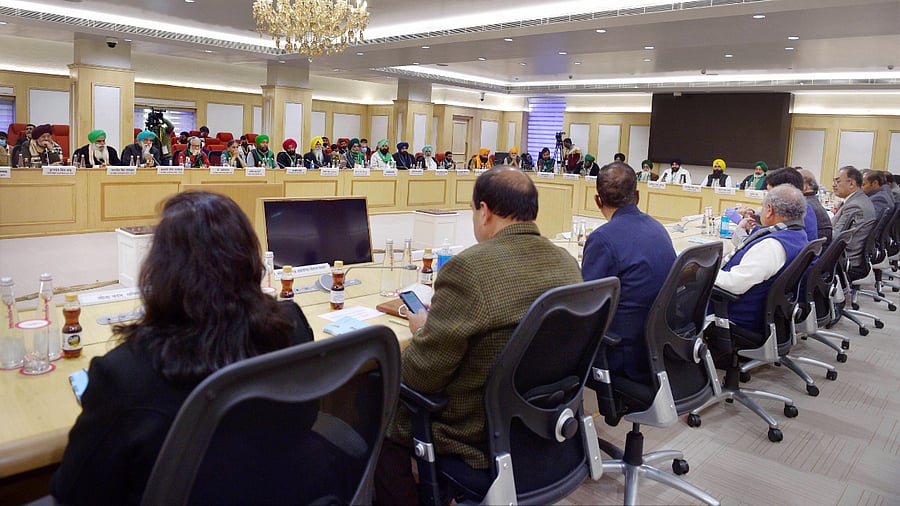 Farmers leaders during the 10th round of talks with the central government on new farm laws, at Vigyan Bhawan in New Delhi. Credit: PTI Photo