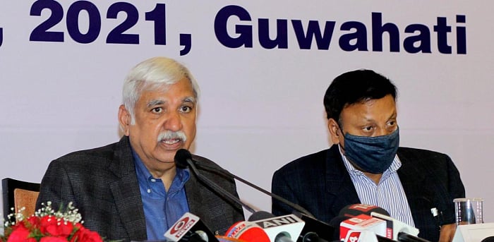 Chief Election Commissioner (CEC) of India Sunil Arora addresses media during his visit, ahead of the Assam assembly elections, in Guwahati. Credit: PTI Photo