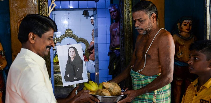 Villagers offer prayers at a Hindu temple for Kamala Harris at Thulasendrapuram