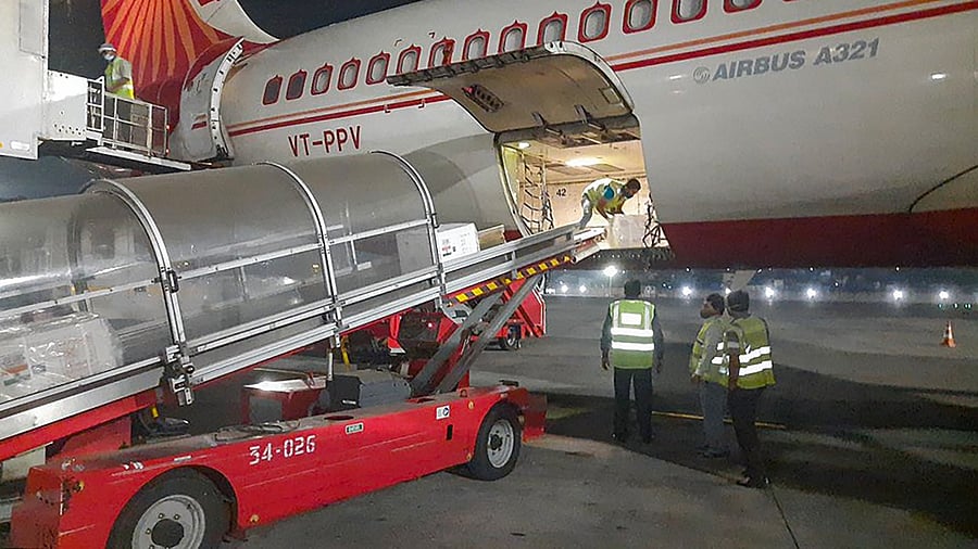 Consignment of Covishield vaccine leaves for Kathmandu. Credit: Twitter Photo/@MEAIndia/via PTI
