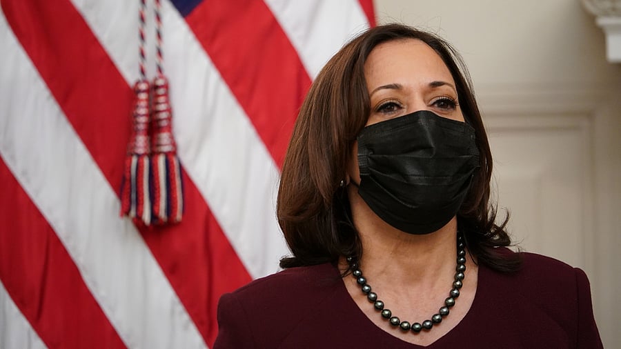 US Vice President Kamala Harris looks on as US President Joe Biden speaks about the Covid-19 response before signing executive orders in the State Dining Room of the White House in Washington, DC. Credit: AFP Photo