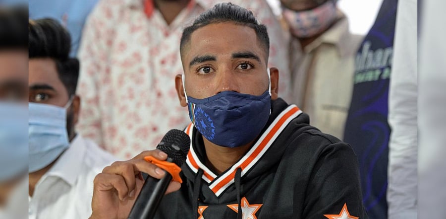 India's cricket player Mohammed Siraj attends a press conference at his residence in Hyderabad. Credit: AFP Photo