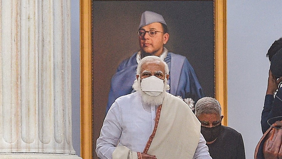 Prime Minister Narendra Modi with West Bengal Governor Jagdeep Dhankhar during 125th birth anniversary of Netaji Subash Chandra Bose, at Victoria Memorial in Kolkata. Credit: PTI Photo