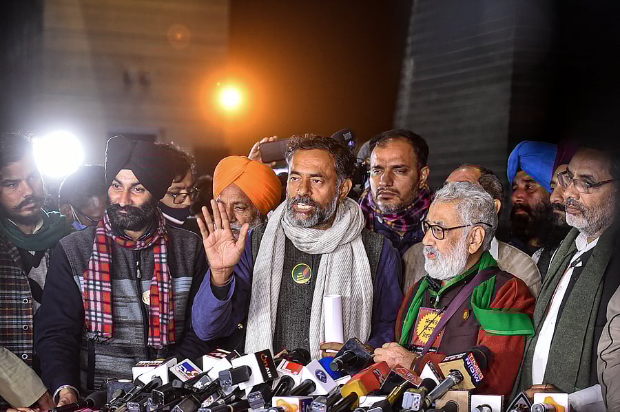 Swaraj Abhiyan leader Yogendra Yadav addresses media on the planned tractor rally on Republic Day 2021, during 'Kisan Sansad', at Guru Tegh Bahadur Memorial in New Delhi, Saturday, Jan. 23, 2021. Credit: PTI Photo