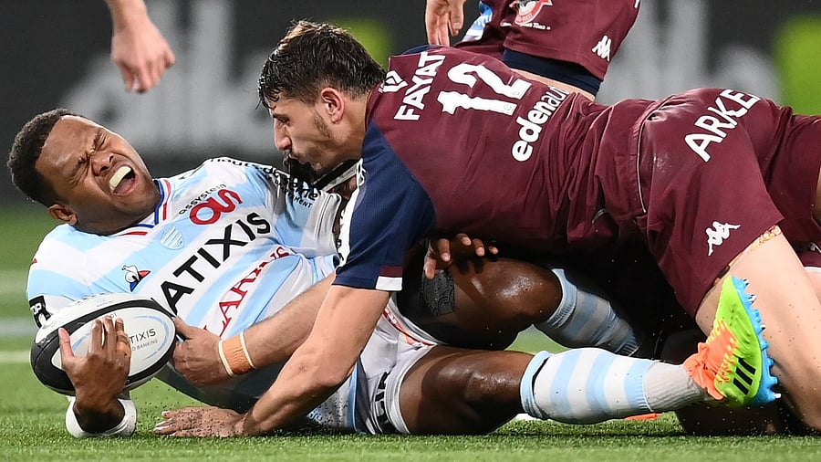 Bordeaux-Bègles' French centre Pablo Uberti (R) tackles Racing92's Virimi Vakatawa during the French Top14 rugby union match between Racing92 and Bordeaux-Begles at The U Arena in Nanterre on the outskirts of Paris on January 23, 2021. Credit: AFP Photo