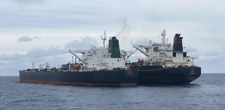 Indonesian Maritime Security Agency (BAKAMLA), Iranian-flagged MT Horse, left, and Panamanian-flagged MT Frea tankers are seen anchored together in Pontianak waters off Borneo island, Indonesia. Credit: AP Photo