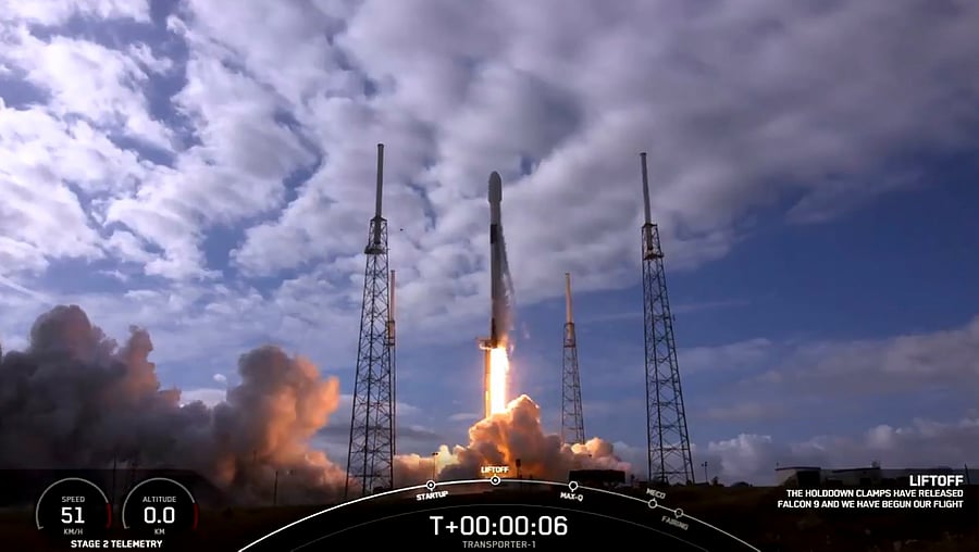 SpaceX lifted a record-breaking number of satellites in a single payload when its Transporter-1 ride-share mission blasted off from Cape Canaveral, Florida. Credit: SPACEX / AFP.