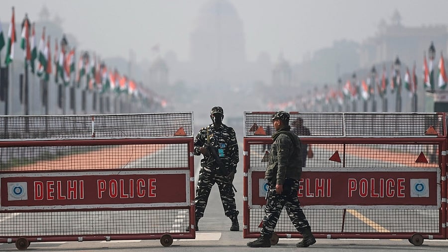 Security personnel stand guard at Rajpath ahead of India's Republic Day celebrations in New Delhi on January 25. Credit: AFP Photo