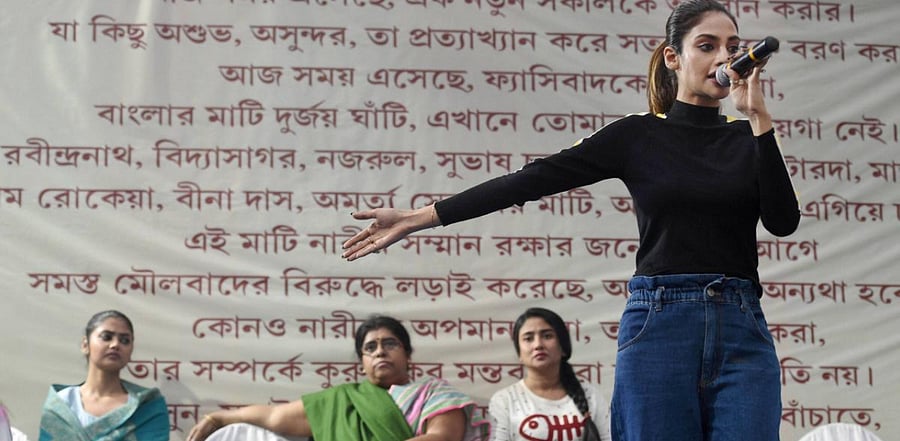 Trinamool Congress MP Nusrat Jahan addresses a rally to support Chief Minister Mamata Banerjee, in Kolkata. Credit: PTI Photo