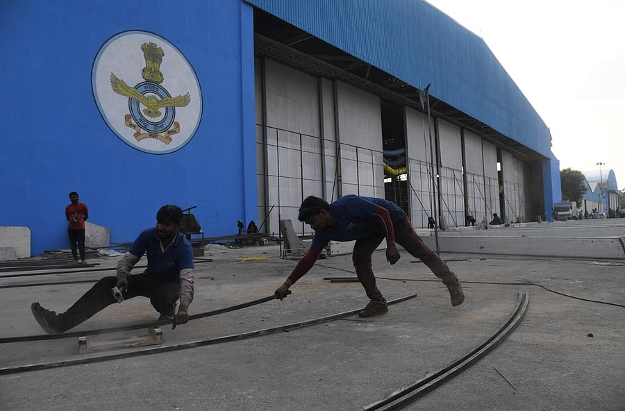 Preparations for the upcoming Aero India 2021 at Air force Station Yelahanka, which begins from 3rd February, in Bengaluru on Friday. Credit: DH Photo/ B H Shivakumar