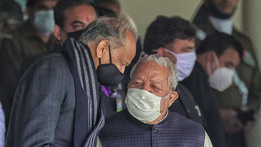 Rajasthan Governor Kalraj Mishra greets Rajasthan Chief Minister Ashok Gehlot during the 72nd Republic Day celebrations at SMS Stadium in Jaipur. Credit: PTI.